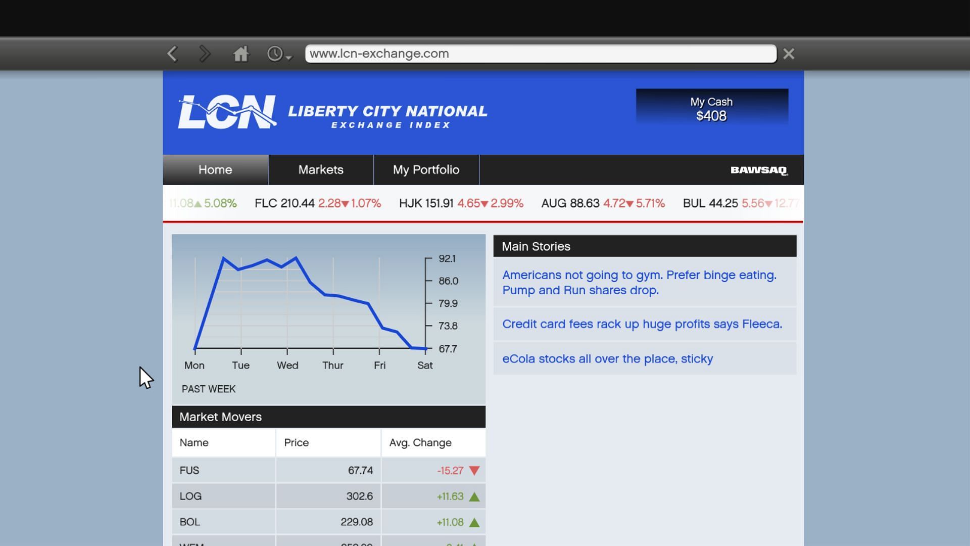 The homepage of the Liberty City National Exchange in Grand Theft Auto 5 (Image via Rockstar Games)