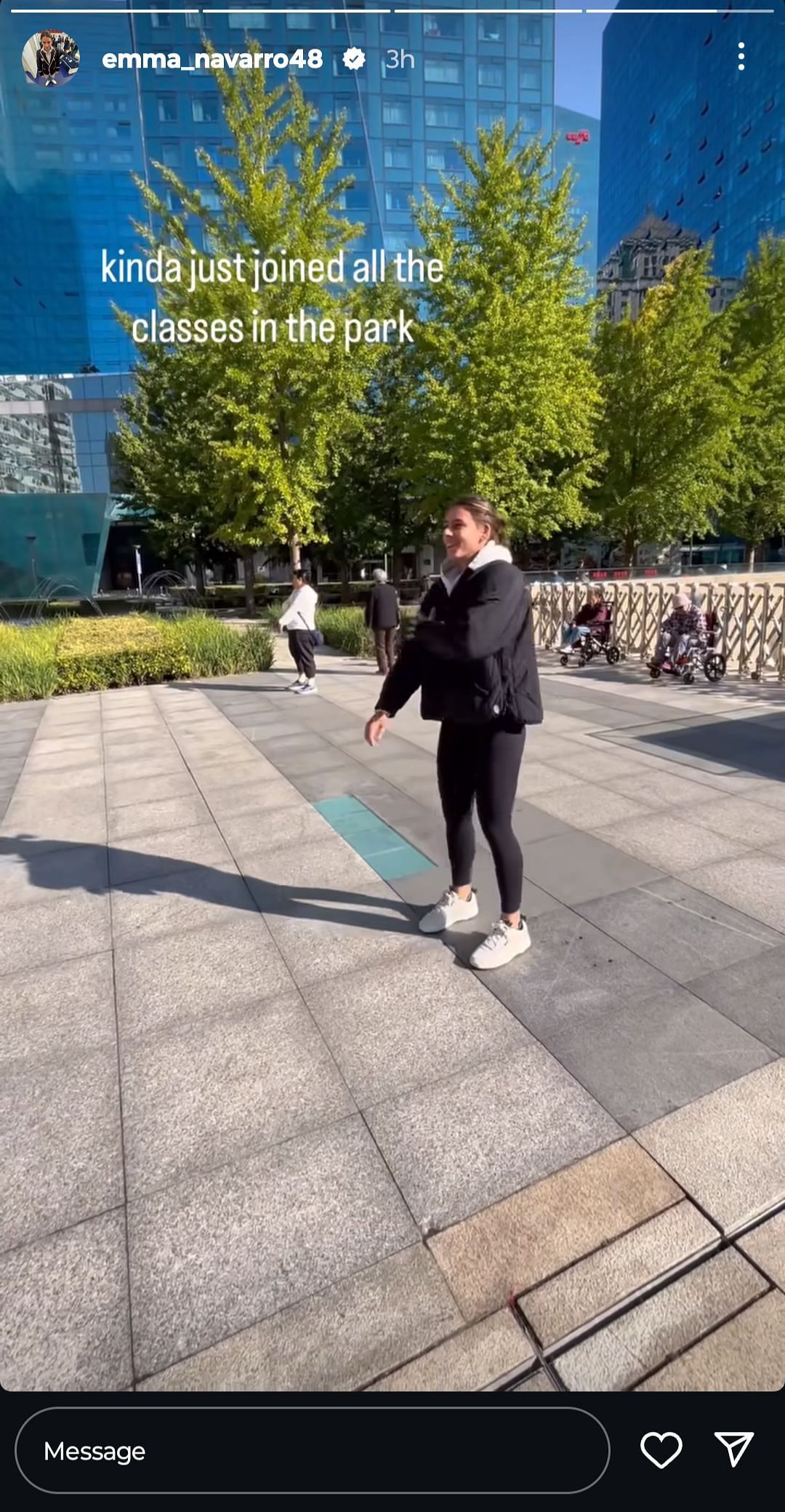 Another moment from Navarro&#039;s participation in a dance class in the Beijing park (Source: Instagram/Emma Navarro)