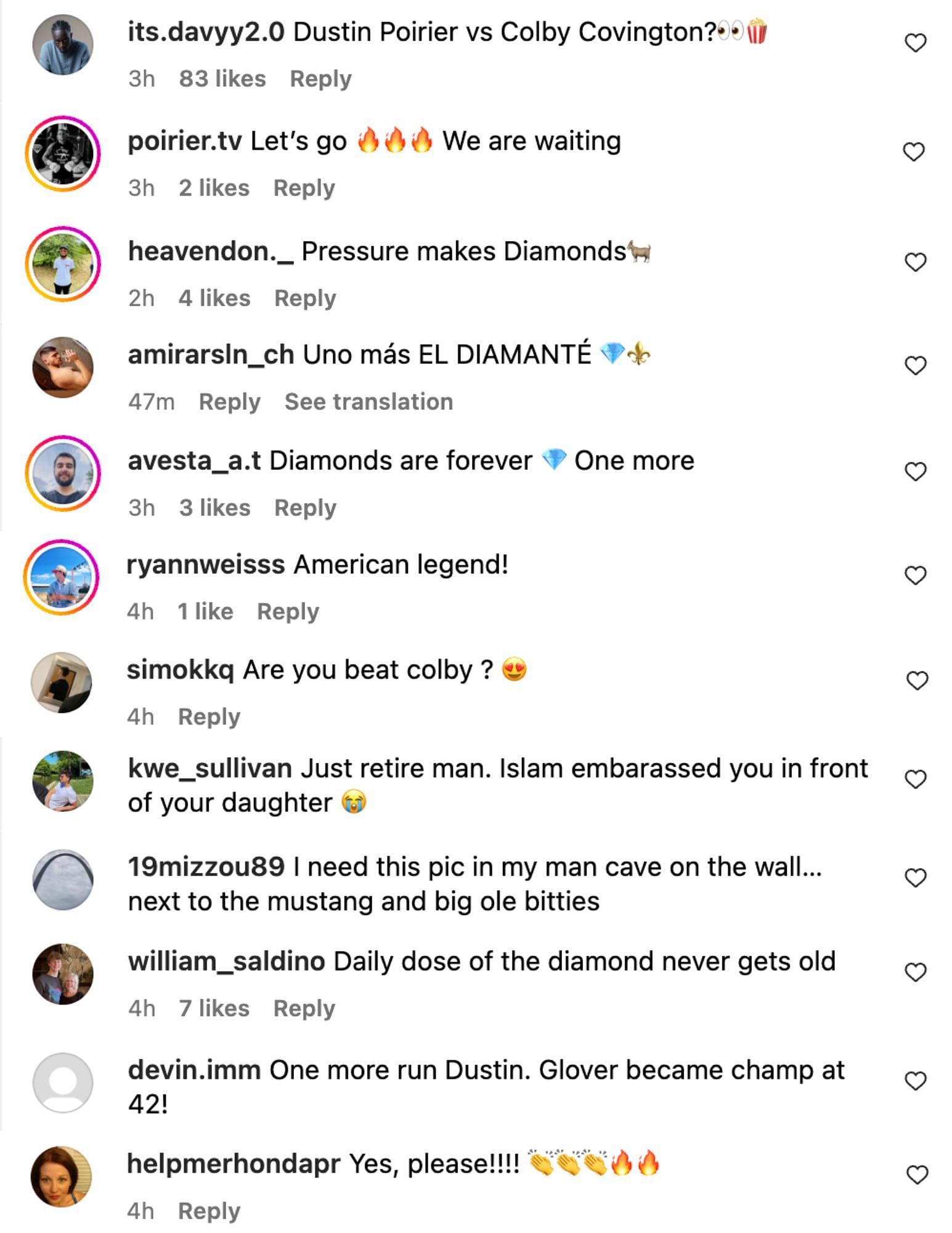 Fans comment beneath Poirier&#039;s Sept. 1 Instagram post. [via @dustinpoirier on Instagram]