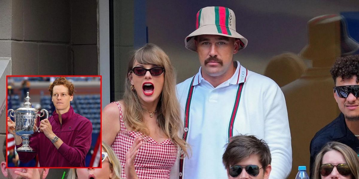 Taylor Swift and Travis Kelce, Jannik Sinner with his US Open trophy (inset) | Getty