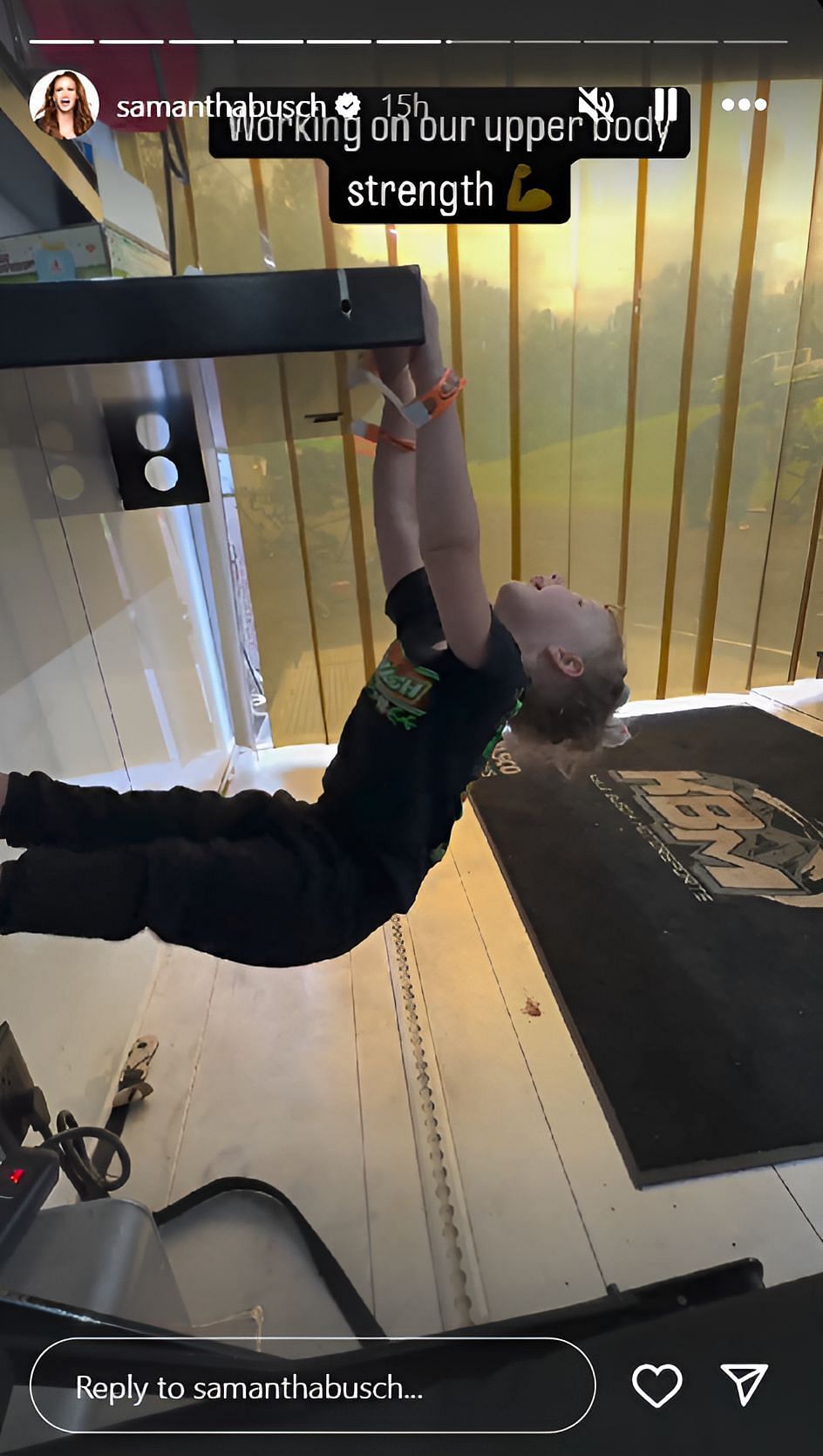 Kyle and Samantha Busch&#039;s daughter Lennix seemingly attempting pull-ups on a table inside the trailer (photo credit: @samanthabusch on Instagram)