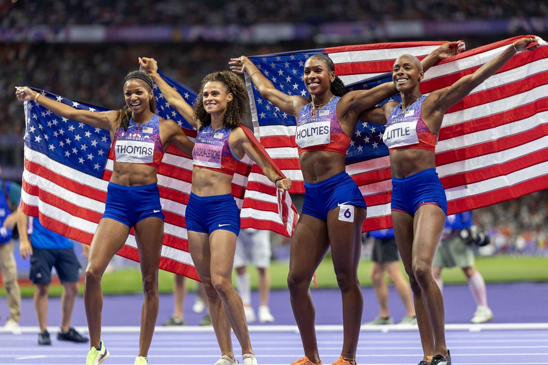 Sydney McLaughlin-Levrone of the USA [2nd from left] celebrating with the rest of the team after the women&#039;s 4x400m relay finals at the Paris Olympics [Image Source: Getty]