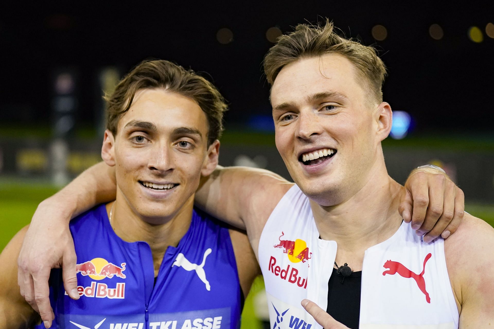 Armand Duplantis and Karsten Warholm pose for a photo together after the 100m Sprint Showdown. (Photo Daniela Porcelli/by Eurasia Sport Images/Getty Images)