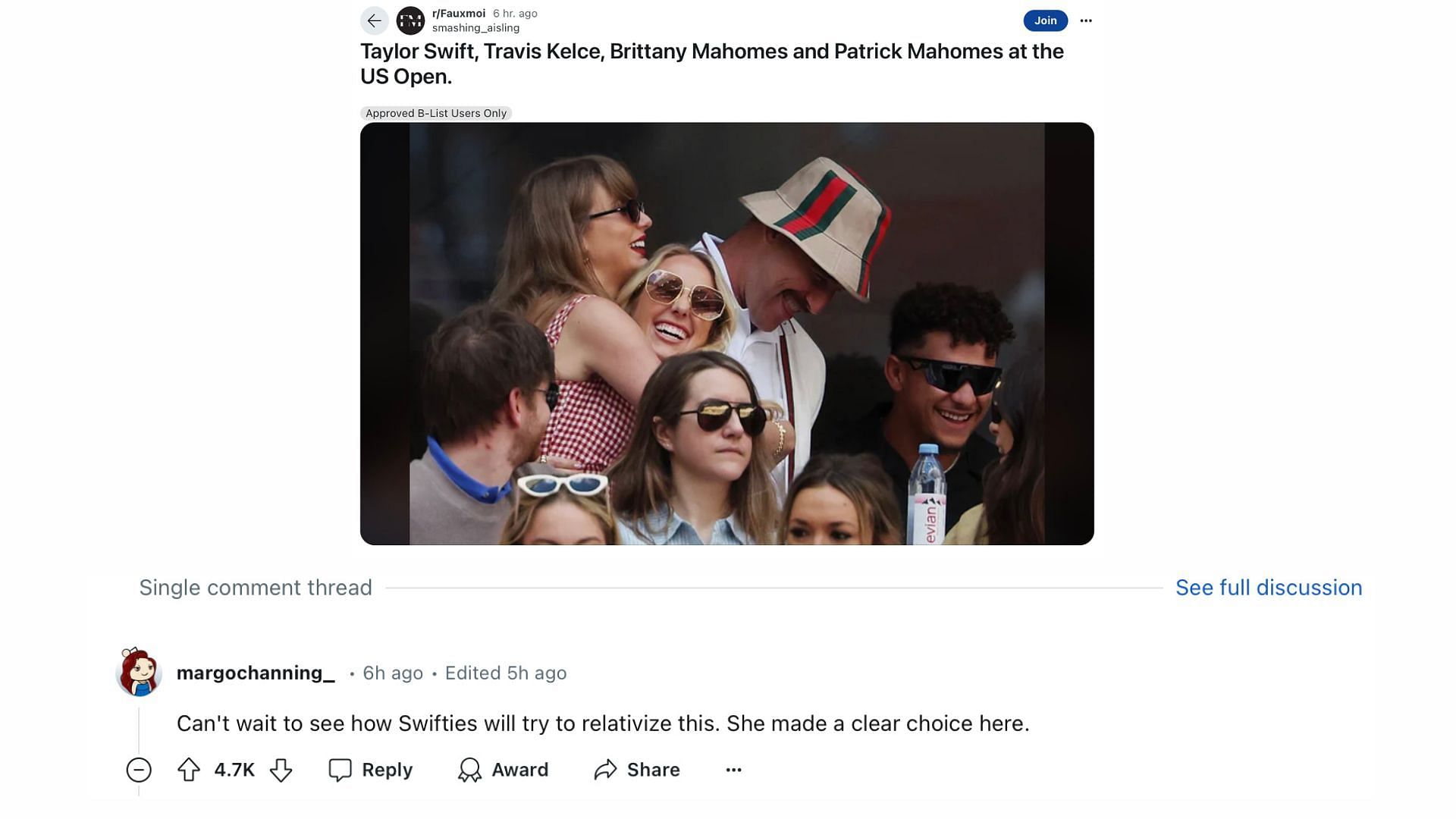 A fan comment on Taylor Swift hugging Brittany Mahomes at the US Open (Image via @margochanning_/ Reddit)