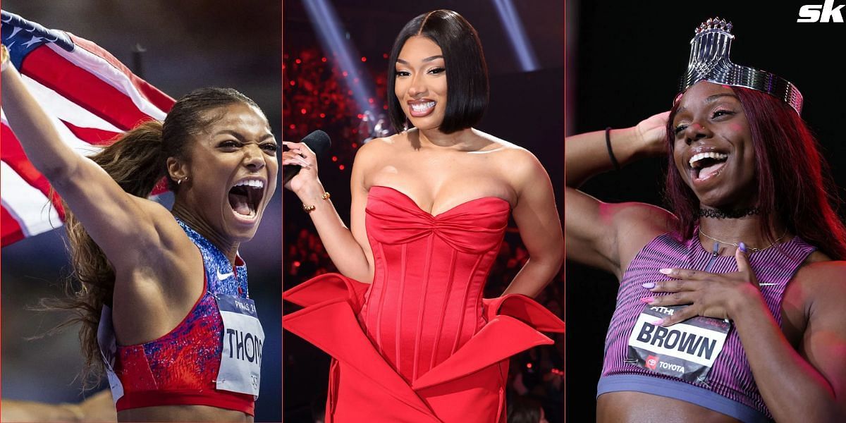 Megan Thee Stallion gave a shout-out to Gabby Thomas, Brittany Brown, and all athletes during her concluding performance at Athlos NYC. (Images by Getty)