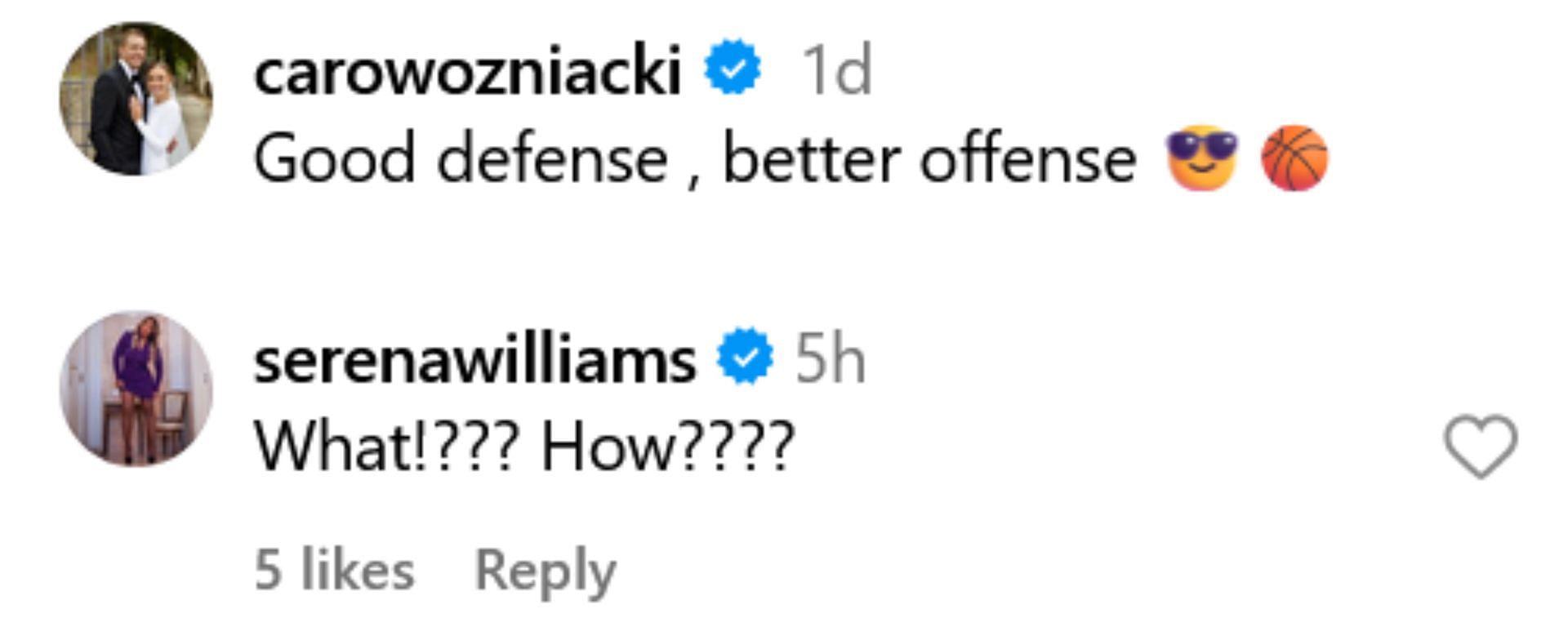 Screenshot of Serena Williams&#039; comment on Caroline Wozniacki&#039;s Instagram post - Image source: Instagram@carowozniacki