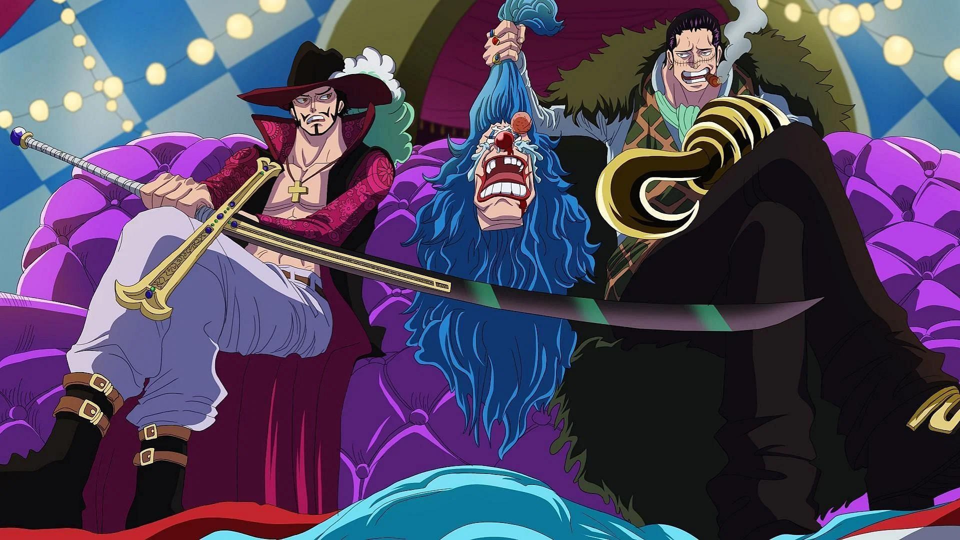 Dracule Mihawk and Sir Crocodile hold Buggy&#039;s head (Image via Shueisha)