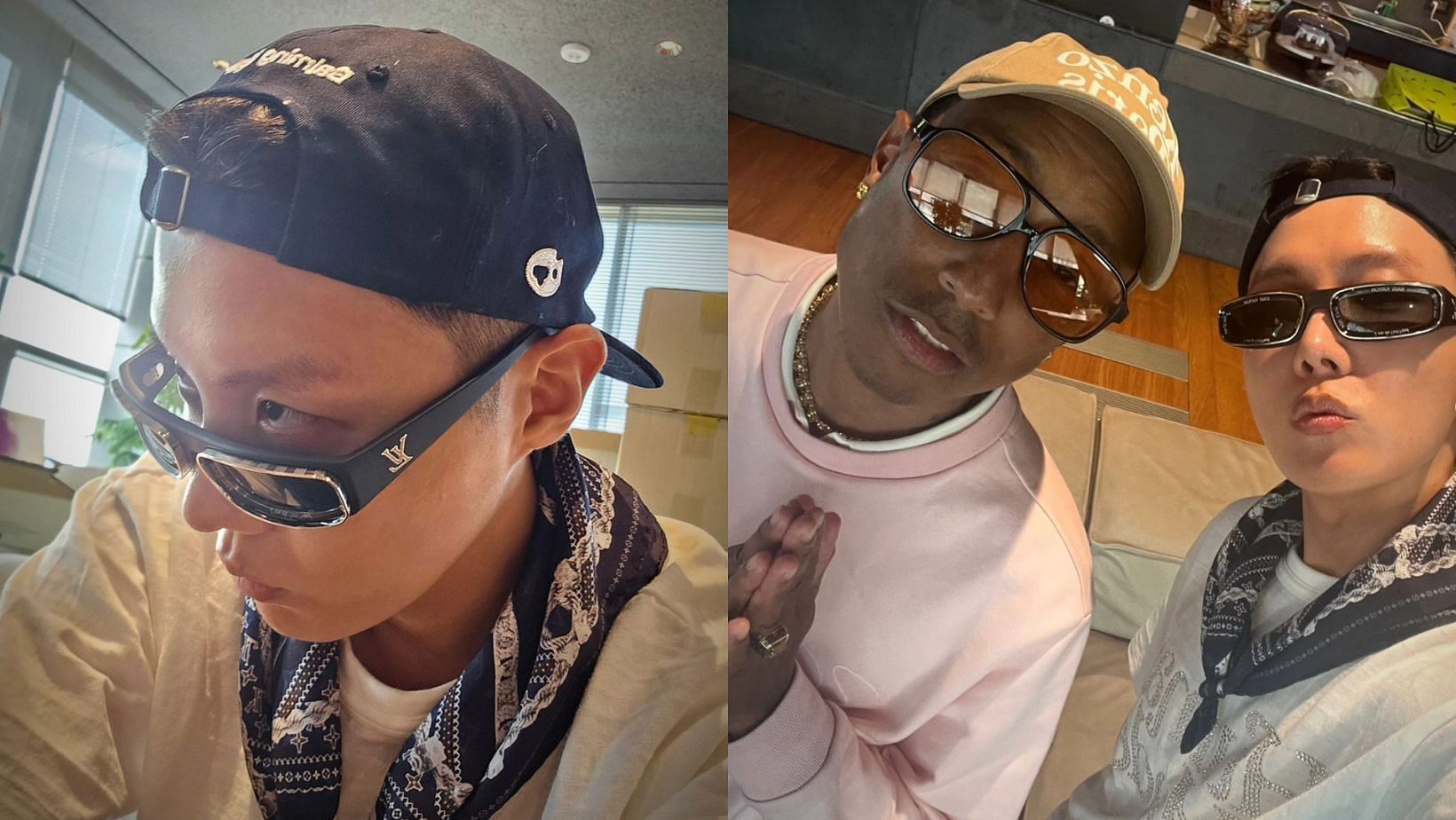 j-hope x Pharrell Williams collaboration speculated. (Images via Instagram/@uarmyhope)