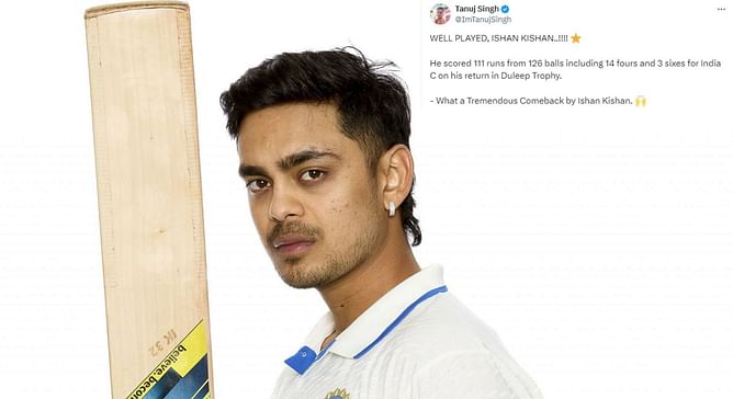 "What a Tremendous Comeback" - Fans erupt as Ishan Kishan scores century in 2024 Duleep Trophy