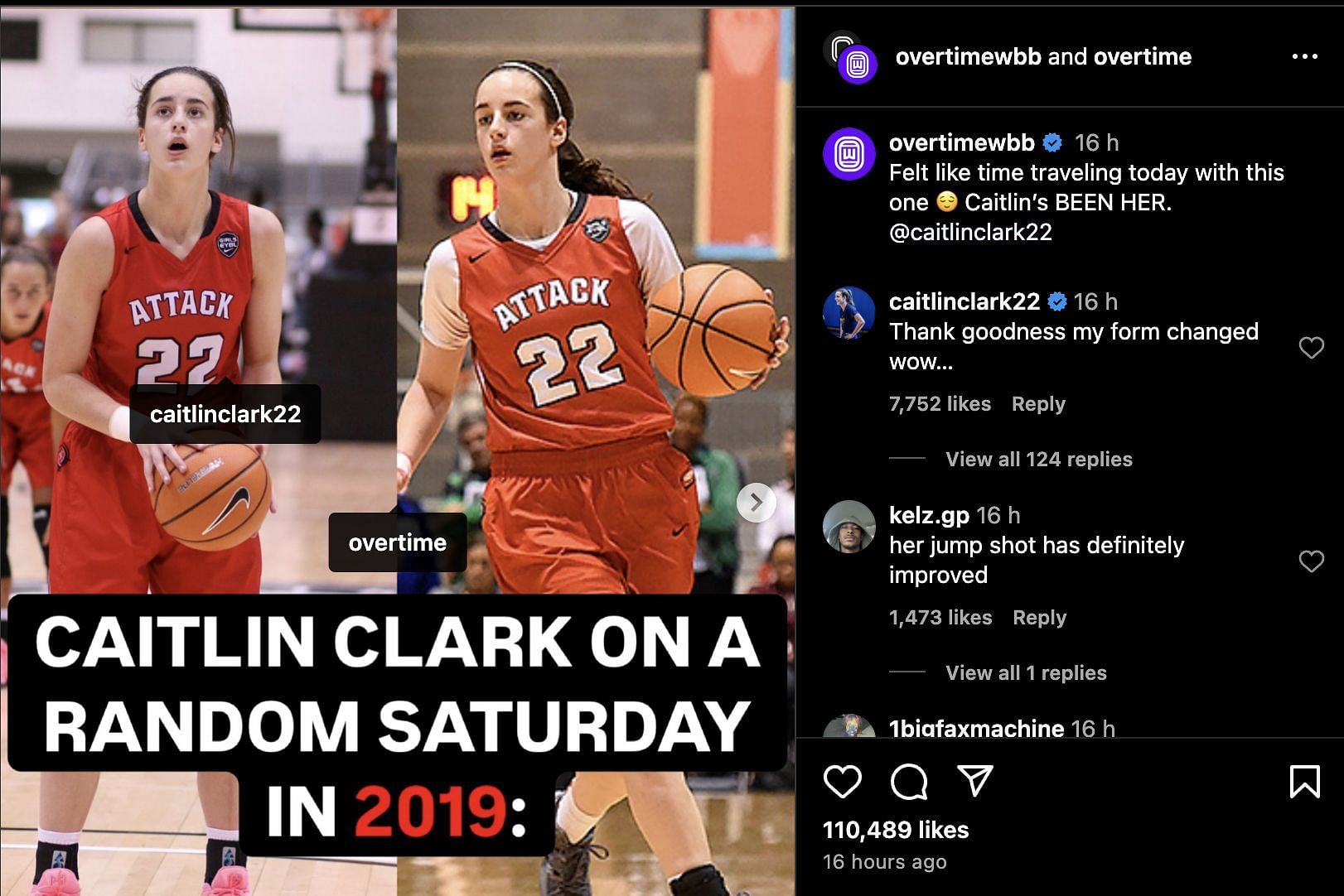 Caitlin Clark&#039;s reaction to her AAU days. (Credits: Instagram/@overtimewbb)