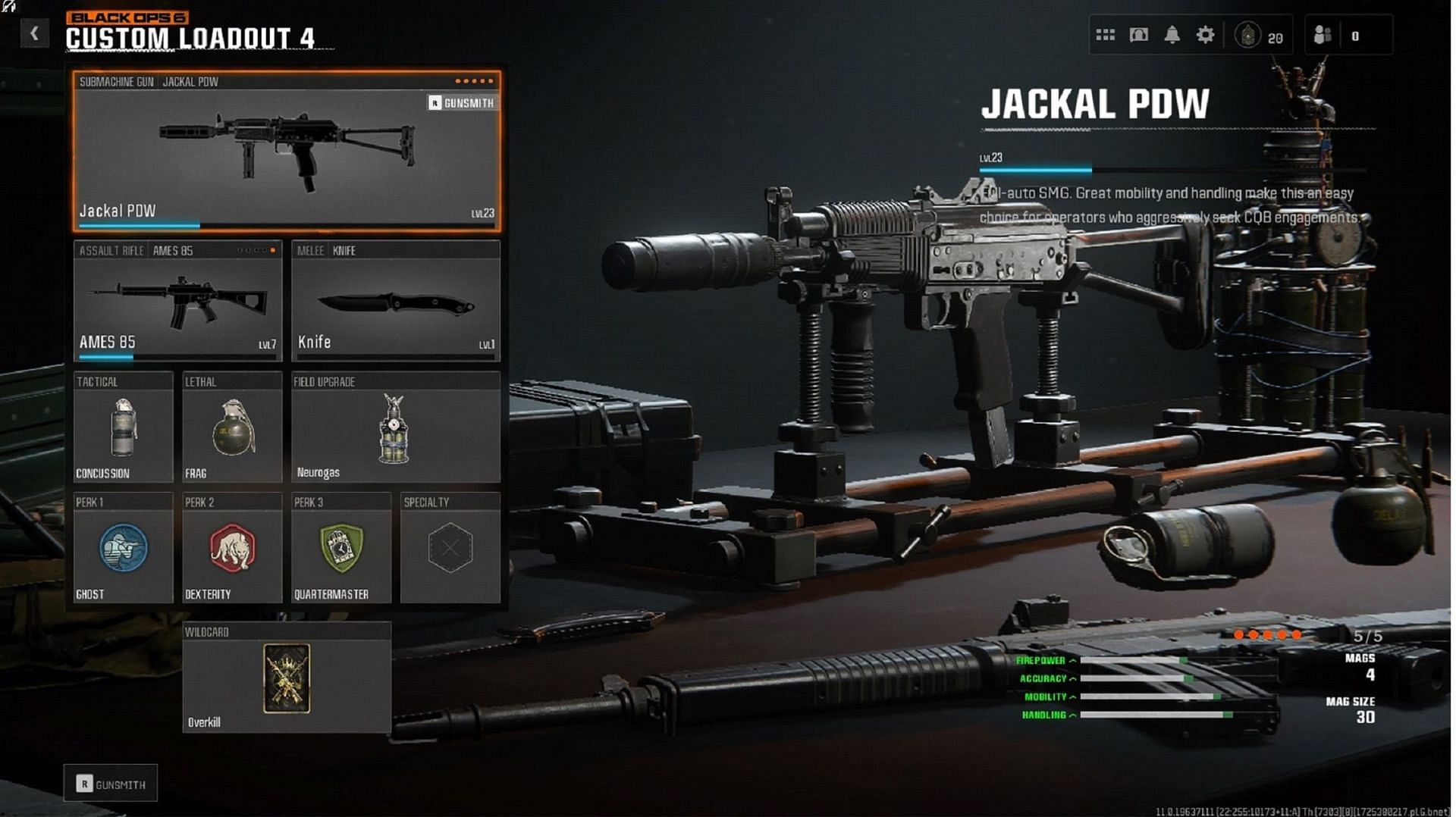 Perks, equipment, and Wildcard for Jackel PDW in Black Ops 6 (Image via Activision)