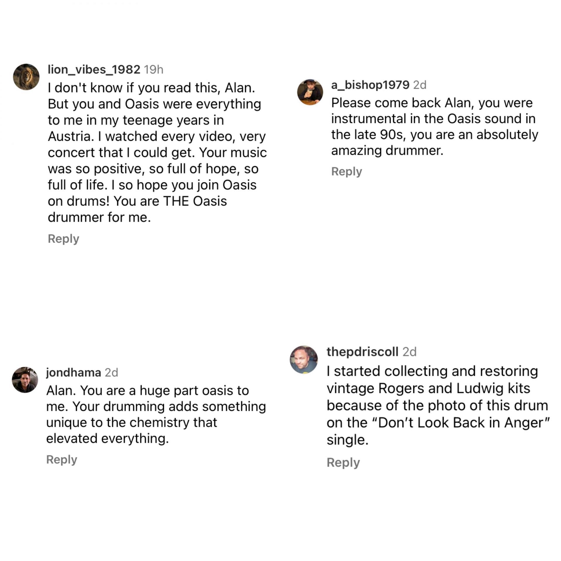 Comments on Alan White&#039;s post (Image via @alanwhiteofficial/Instagram)