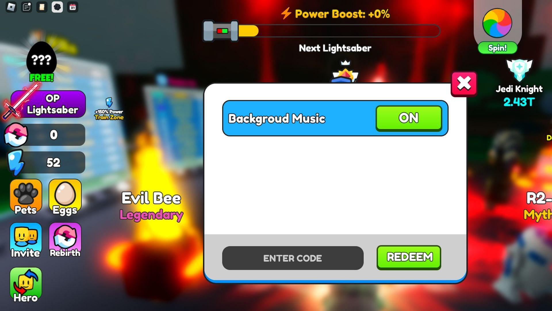 Redeem codes in Saber Training Simulator (Image via Roblox)