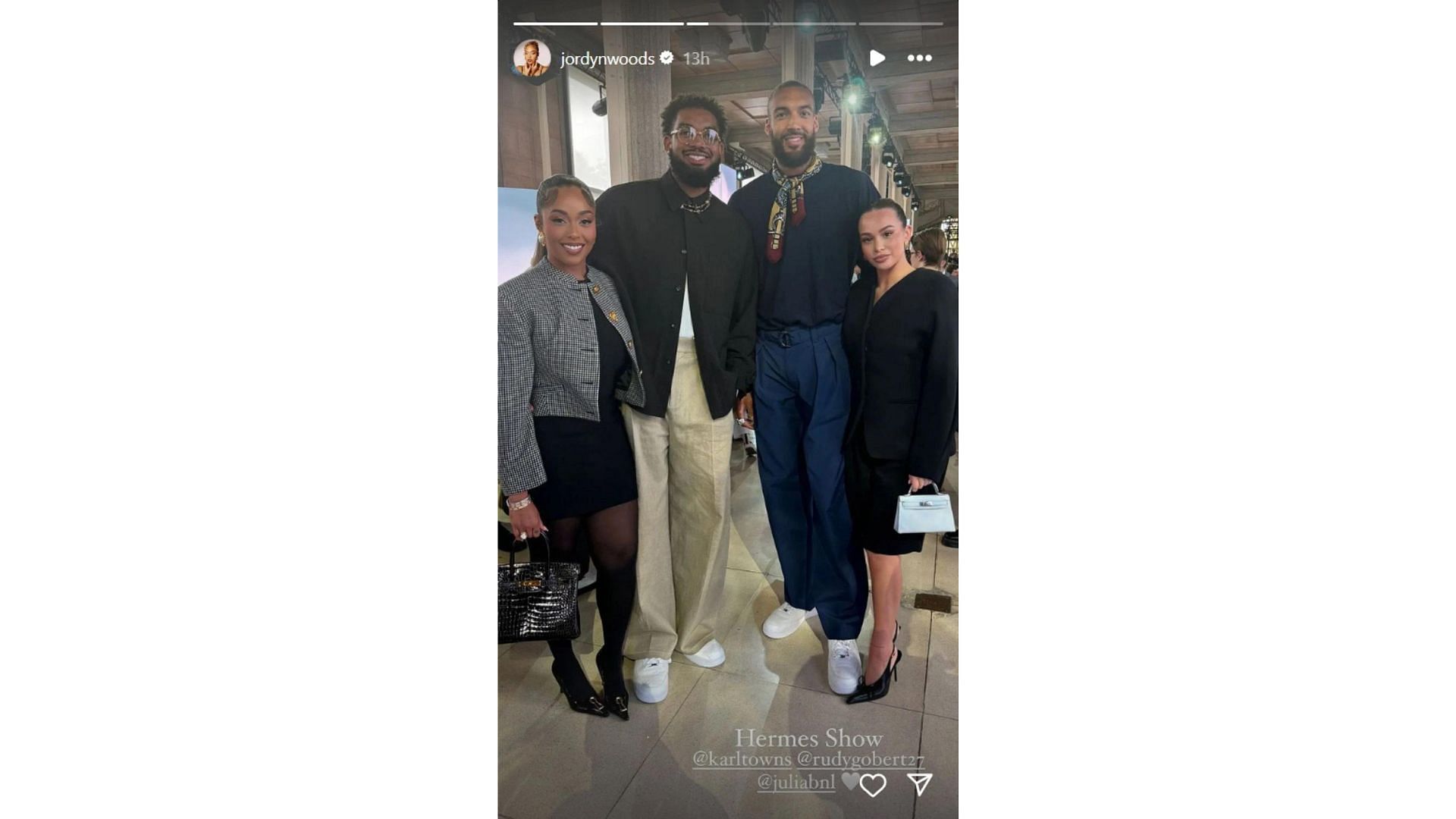 Jordyn Woods, Karl-Anthony Towns, Rudy Gobert and Julia Bonilla pose at the Hermes event in Paris. Photo Credit: Jordyn Woods IG account