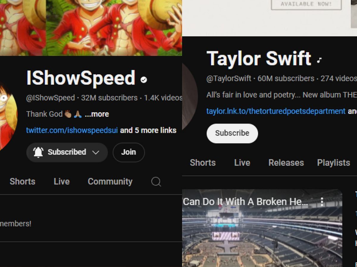 Speed has 32 million subs on YouTube, compared to Swift&#039;s 60 million (Image via YouTube)