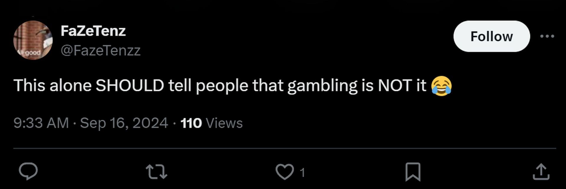 X user urges people to not engage in gambling (Image via X/iqkev)