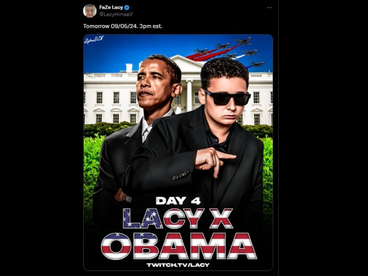 FaZe Lacy claims to stream with Barack Obama tomorrow (Image via X/FaZe Lacy)