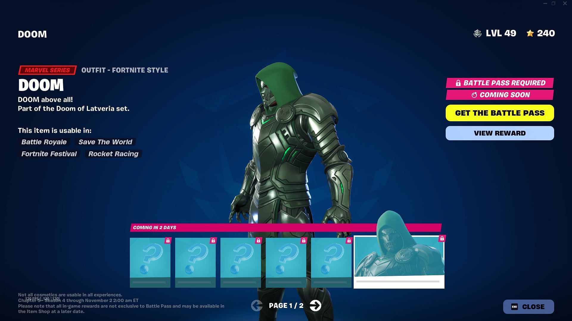 The Fortnite Chapter 5 Season 4 (v31.10 update) early patch notes suggest that Doctor Doom's reward track will be revealed (Image via Epic Games)