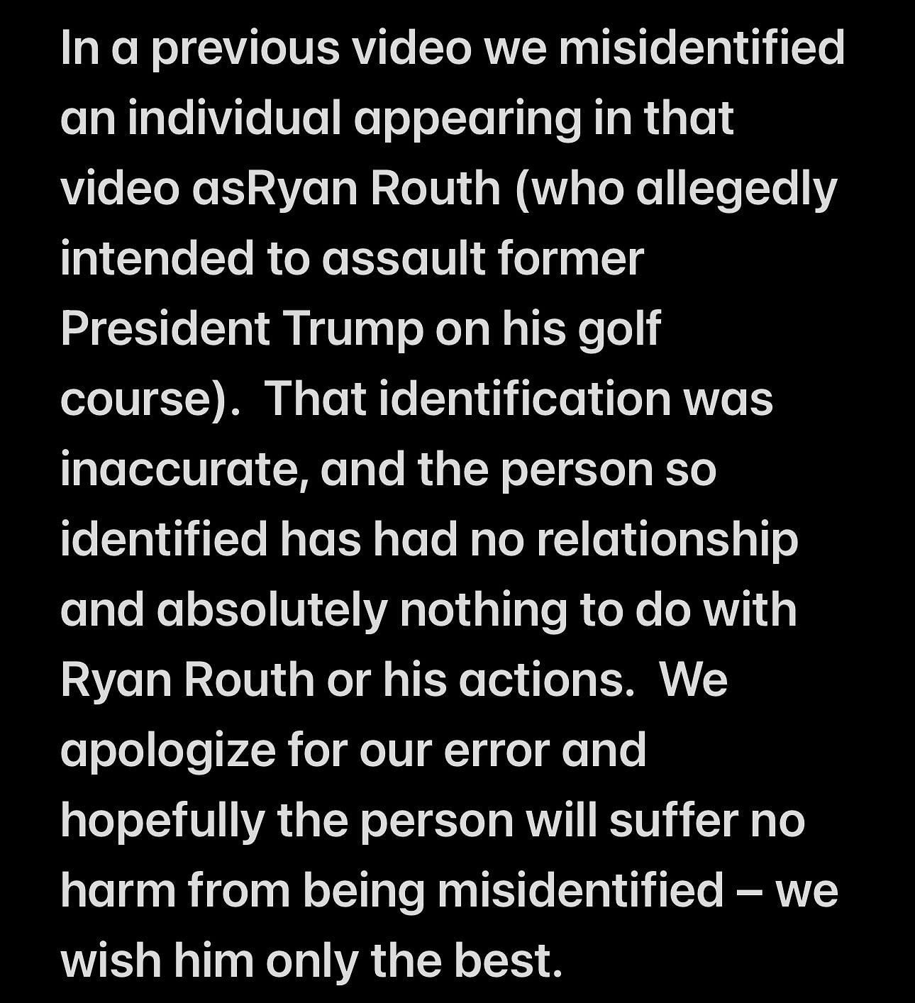 JiDion&#039;s post, in which he apologized for &quot;misidentifying an individual&quot; as Ryan Routh in his video (Image via @Jidion6/X)