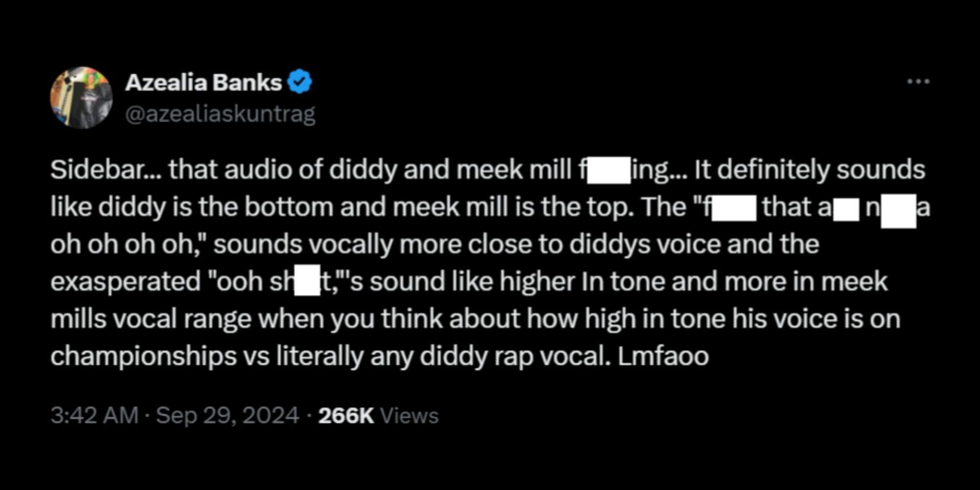 Azealia Banks tweets about Diddy and Mill&#039;s alleged intimate audio. (Image via X/@azealiaskuntrag)