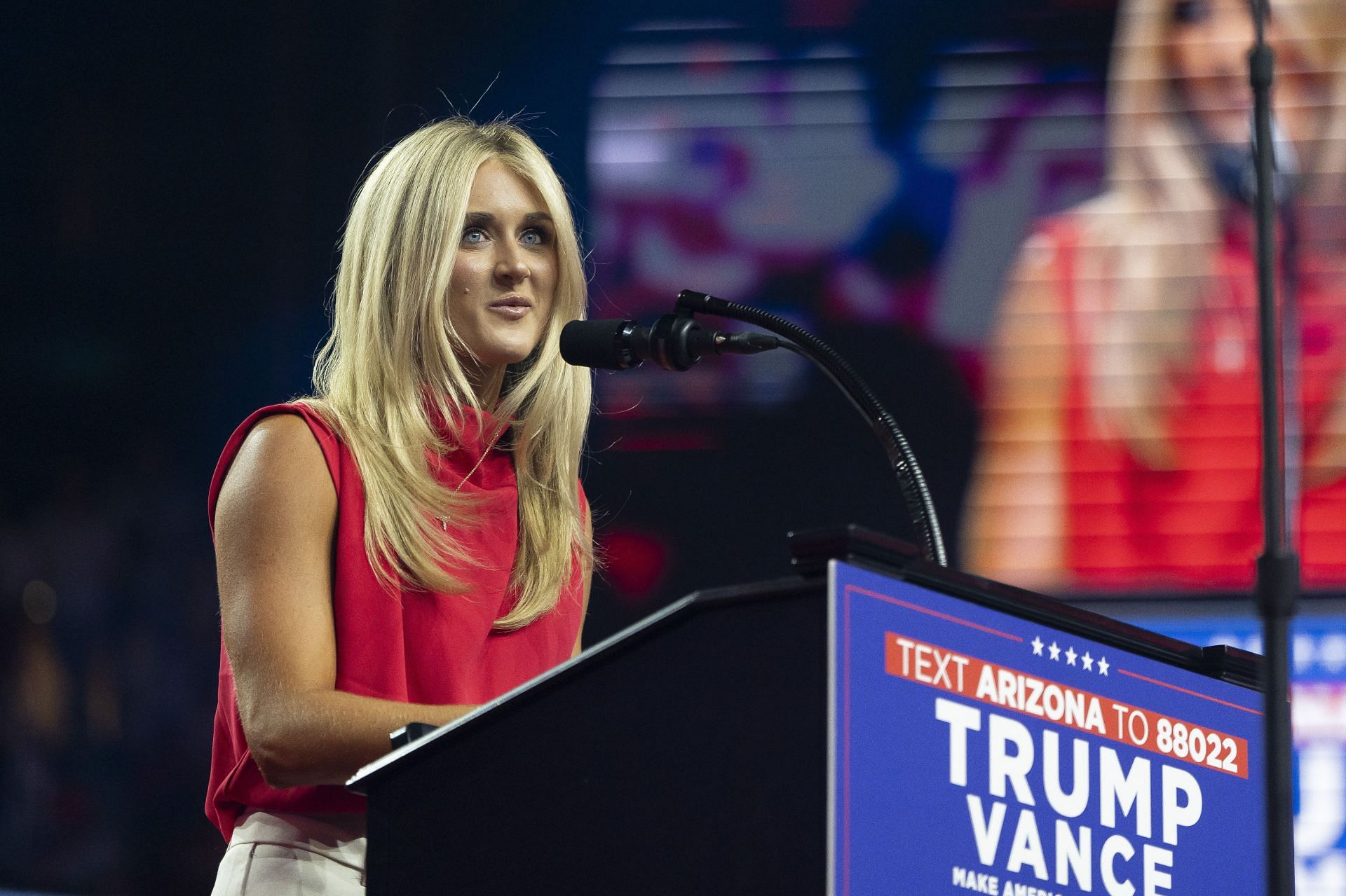 Riley Gaines speaks during a campaign rally for Republican presidential nominee, former U.S. President Donald Trump; Source: Getty