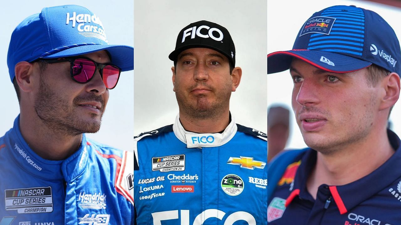 (L-R) Kyle Larson, Kyle Busch, and Max Verstappen (Leftmost Image credit Imagn, Other Images credit Getty)