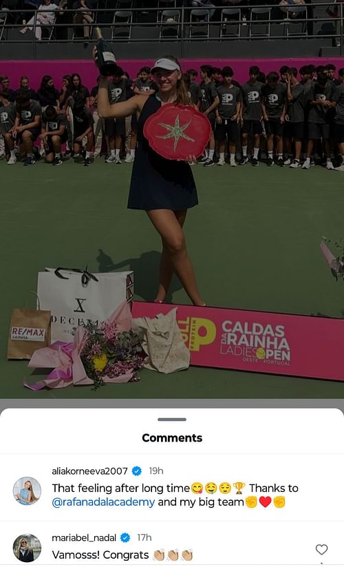 Rafael Nadal's sister Maribel comments on Alina Korneeva's Instagram Post. (Image: Instagram @aliakorneeva2007)