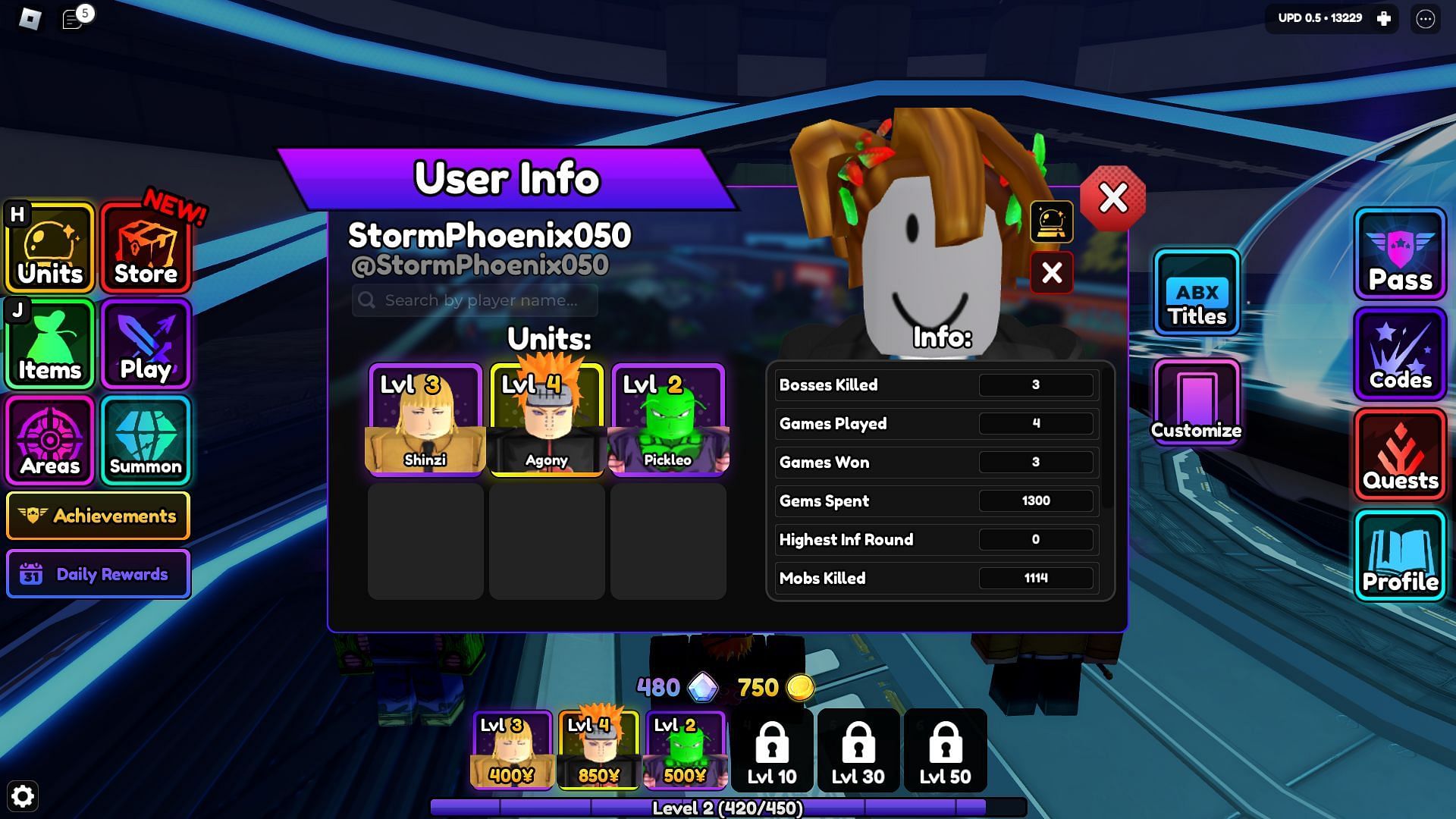 The player profile now shows a lot more data in Anime Vanguards (Image via Roblox)