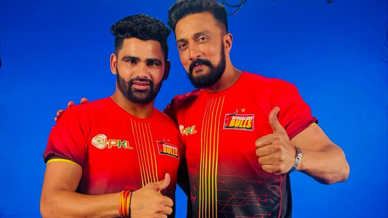 bengaluru bulls raider pardeep narwal shares frame with actor kiccha sudeep for Pro Kabaddi League 11th season photoshoot