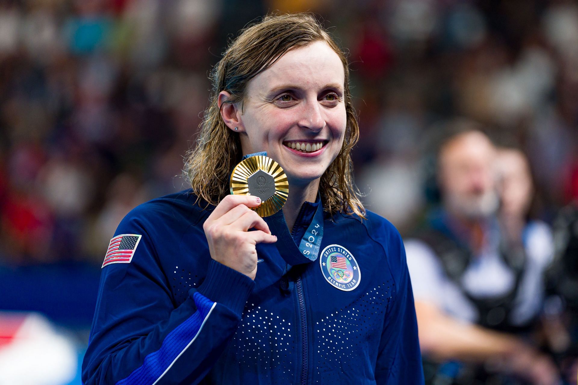 Katie Ledecky poses during the Swimming medal ceremony at the Olympic Games 2024 in Nanterre, France. (Photo by Getty Images)