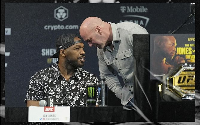 Dana White takes a break from praising Jon Jones to acknowledge latter's notorious Las Vegas streak: "You babysitting him tonight?"
