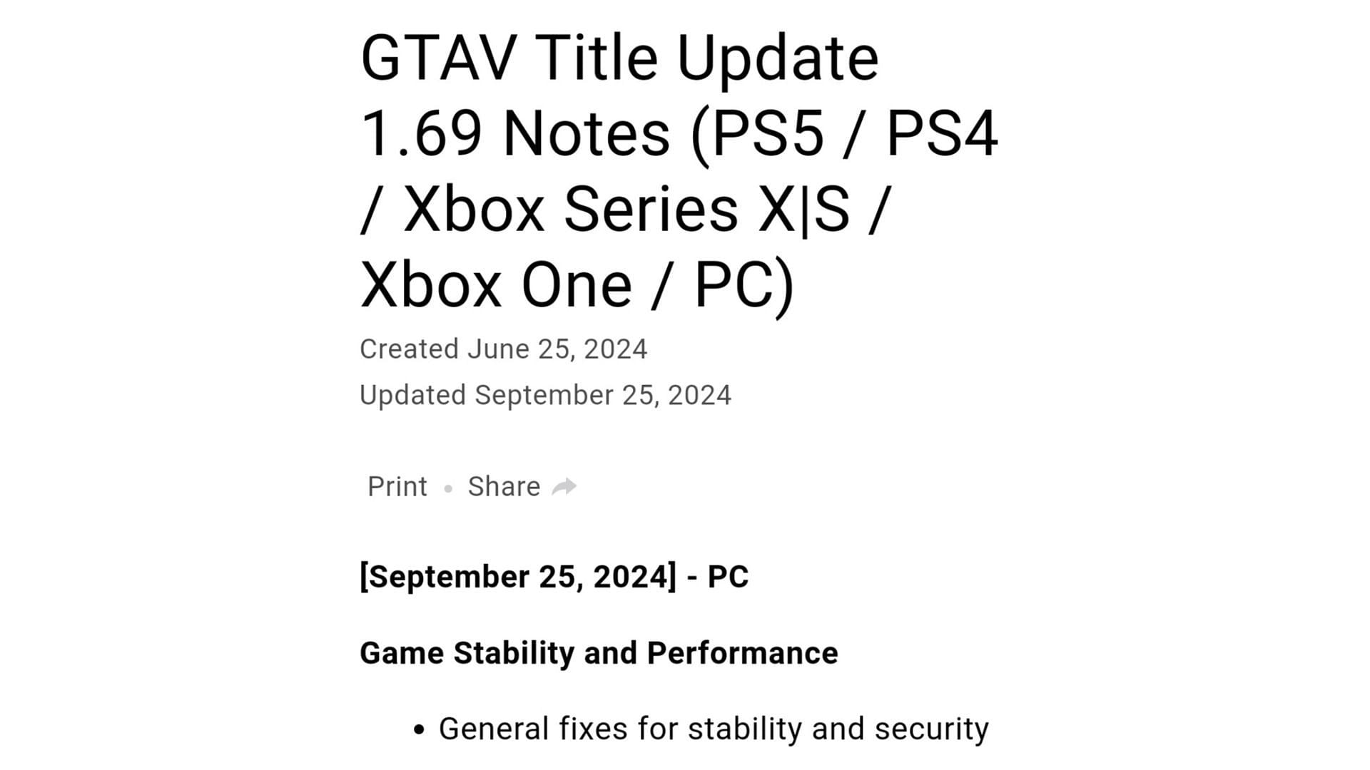 A screenshot of the new GTA 5 update patch notes (Image via Rockstar Games Support)