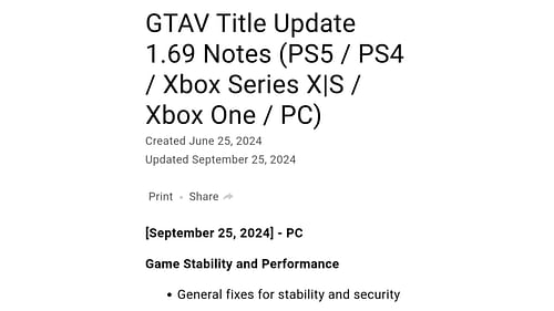 A screenshot of the new GTA 5 update patch notes (Image via Rockstar Games Support)