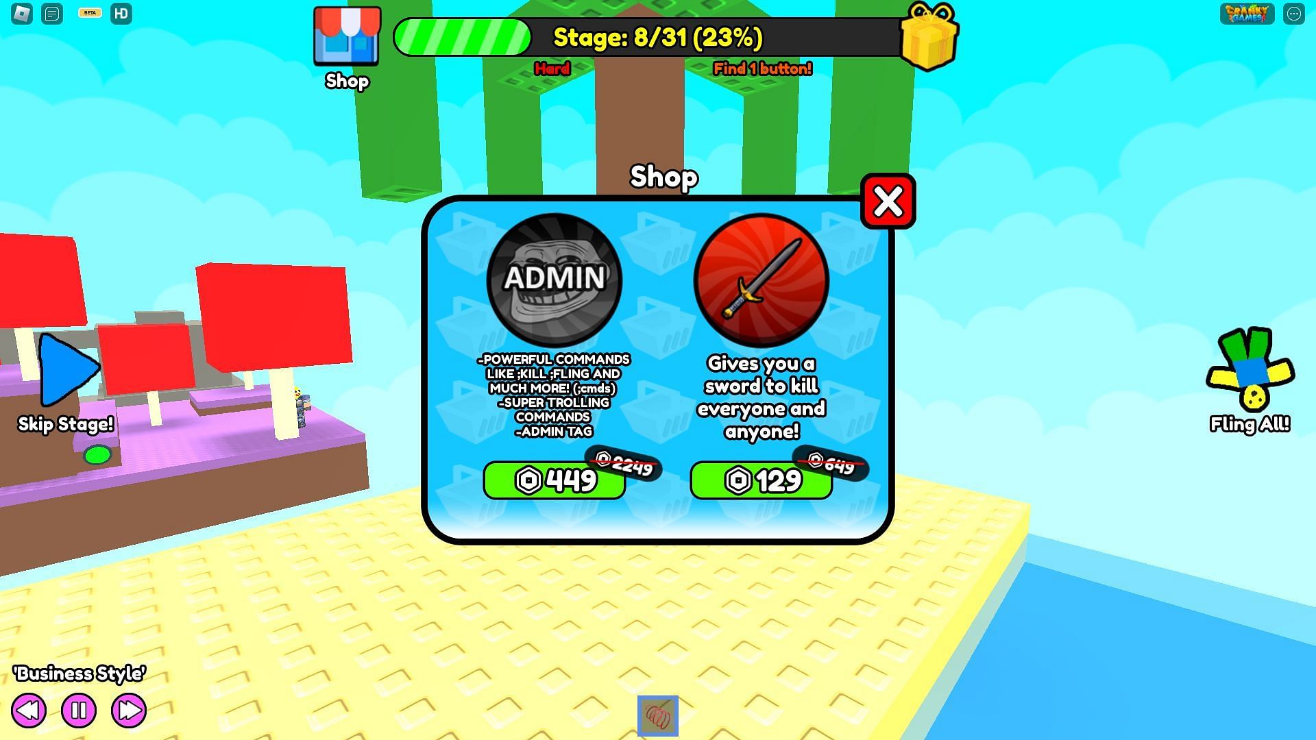 In-game shop in Find Buttons (Image via Roblox)