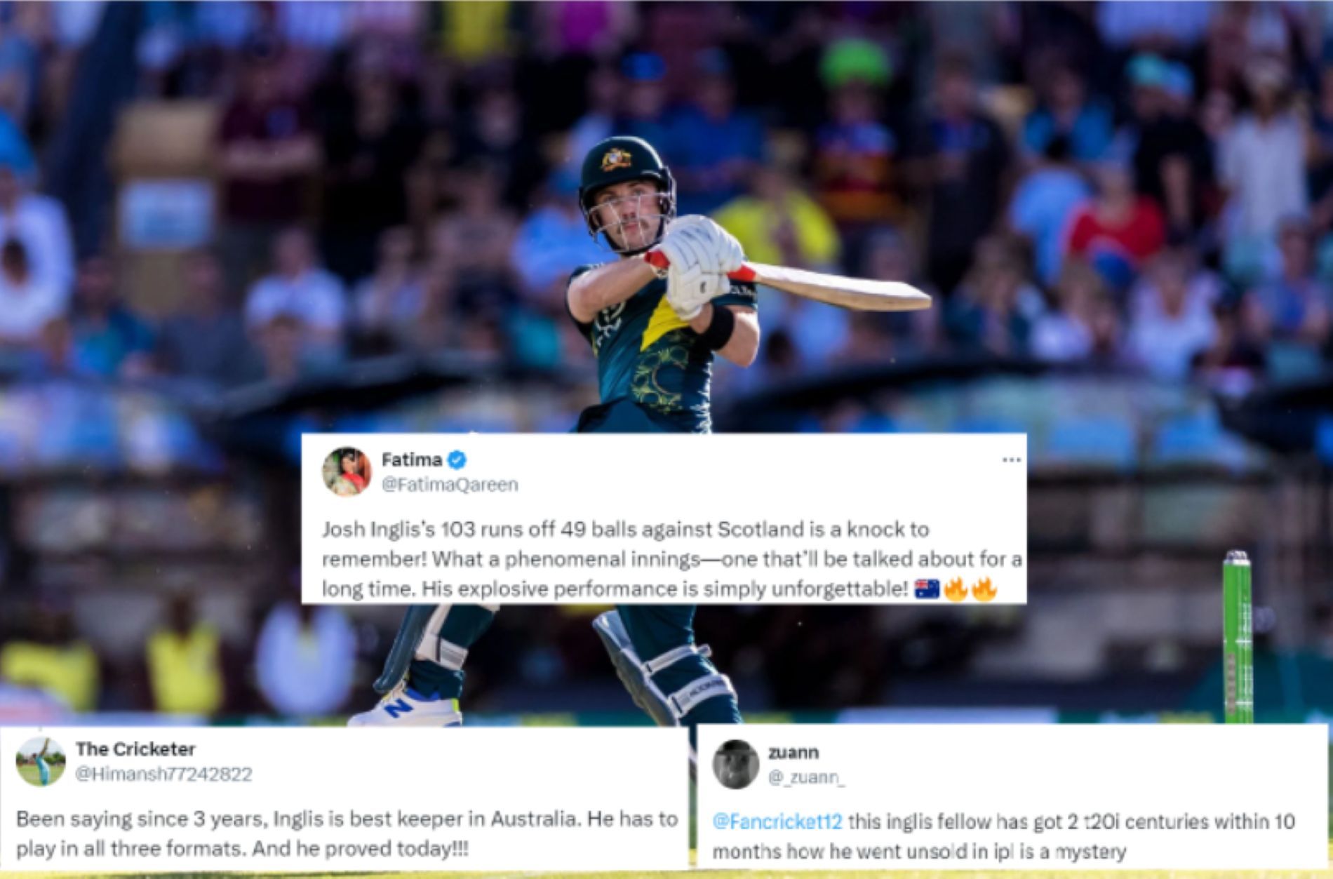"How he went unsold in IPL is a mystery" - Fans hail Josh Inglis for scoring fastest T20I century by Australian in 2nd T20I vs Scotland 2024