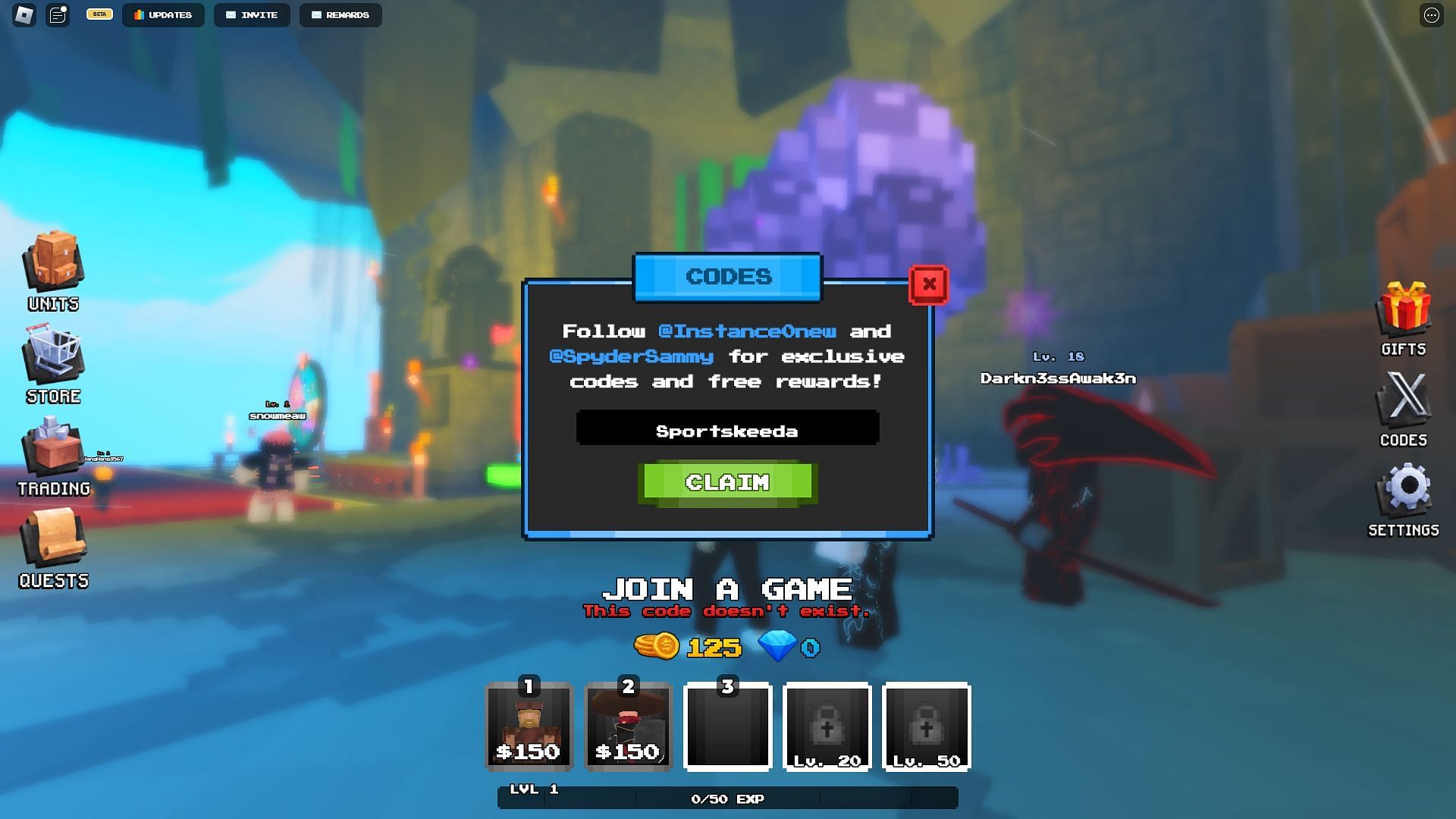 Troubleshoot codes in Pixel Tower Defense (Image via Roblox)