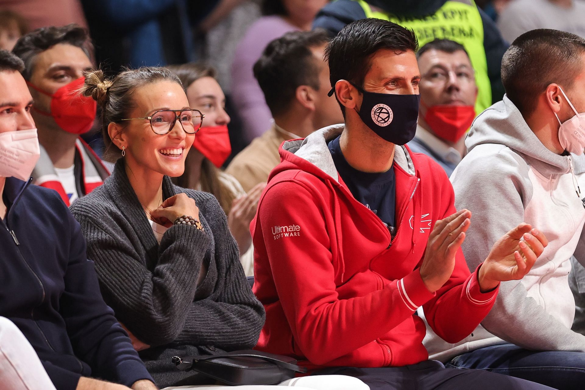 Jelena Djokovic (left) and Novak Djokovic(right) attend the 2022 Turkish Airlines EuroLeague in Belgrade. Image: Getty