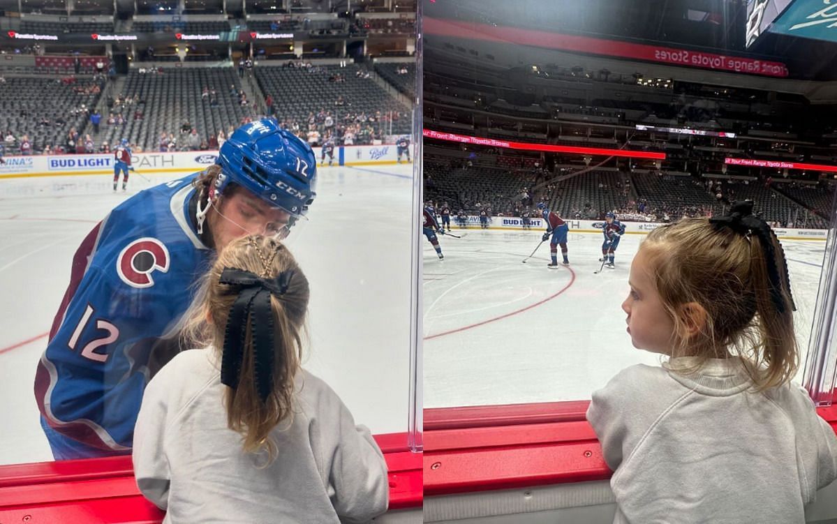 Avalanche forward Jayson Megna greeting her daughter Hadley during the preseason game (Credit: IG @taylormegna_)