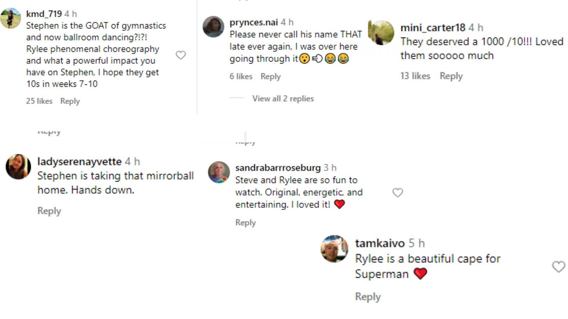 Screengrab of various comments over Stephen Nedoroscik&#039;s performance at DWTS [Image Source: DWTS Instagram]