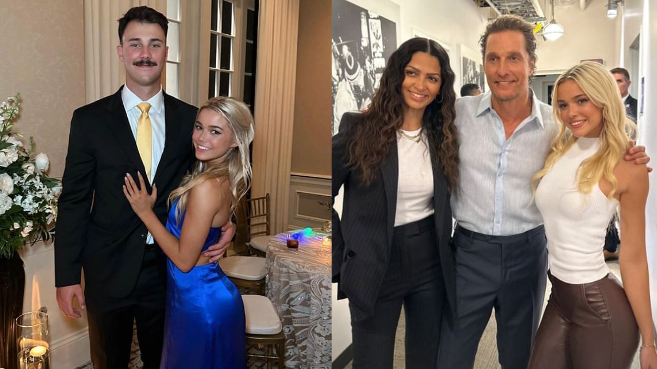 Image 1- Paul Skenes (L) and Olivia Dunne (R) // Image 2 - Camila Alves (L), Matthew McConaughey (C) and Olivia Dunne (R) (Images from - Instagram.com/@livvydunne)