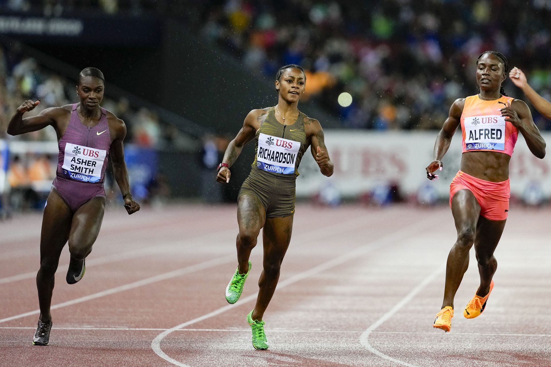 Sha&#039;Carri Richardson [center] in action at the women&#039;s 100m event at the Zurich Diamond League [Image Source: Getty]