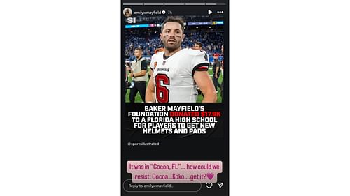 Baker Mayfield's wife Emily shares adorable reason for donating to local high school [Image credit: @emilywmayfield IG]