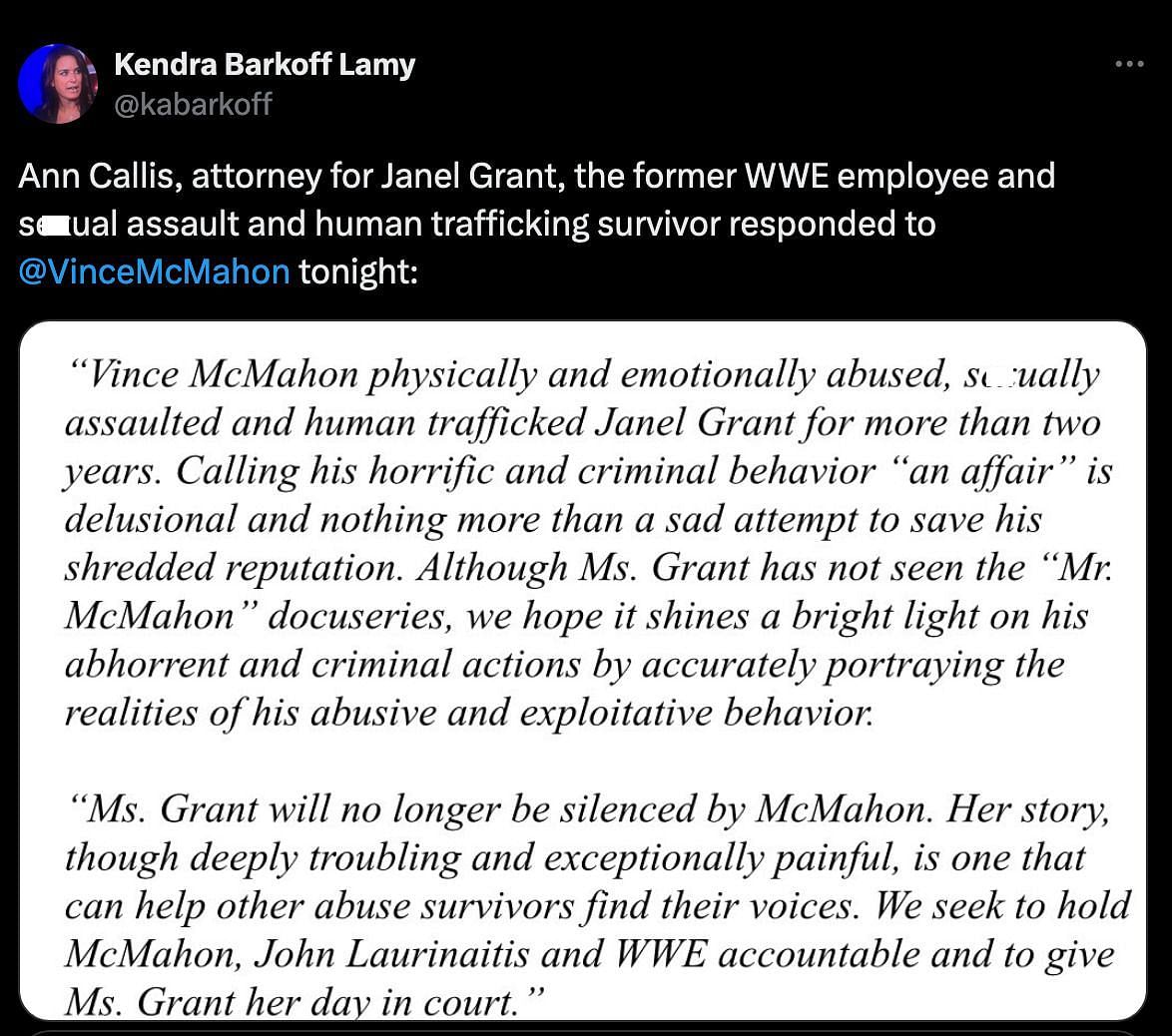 Janel Grant&#039;s lawyer, Ann Callis, put out a statement in response to McMahon&#039;s (Image via X/@kabarkoff)