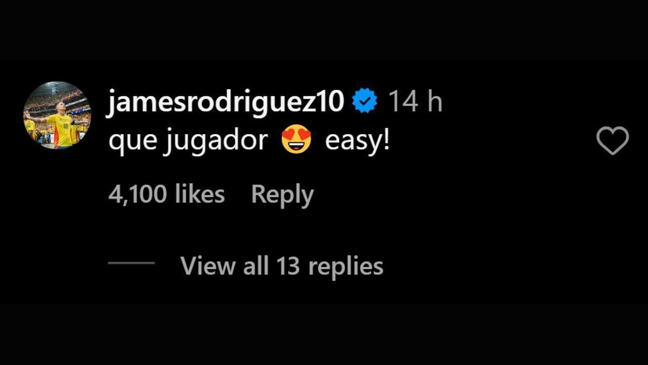 James Rodriguez comments on Luis Diaz's Instagram post (image via Instagram)