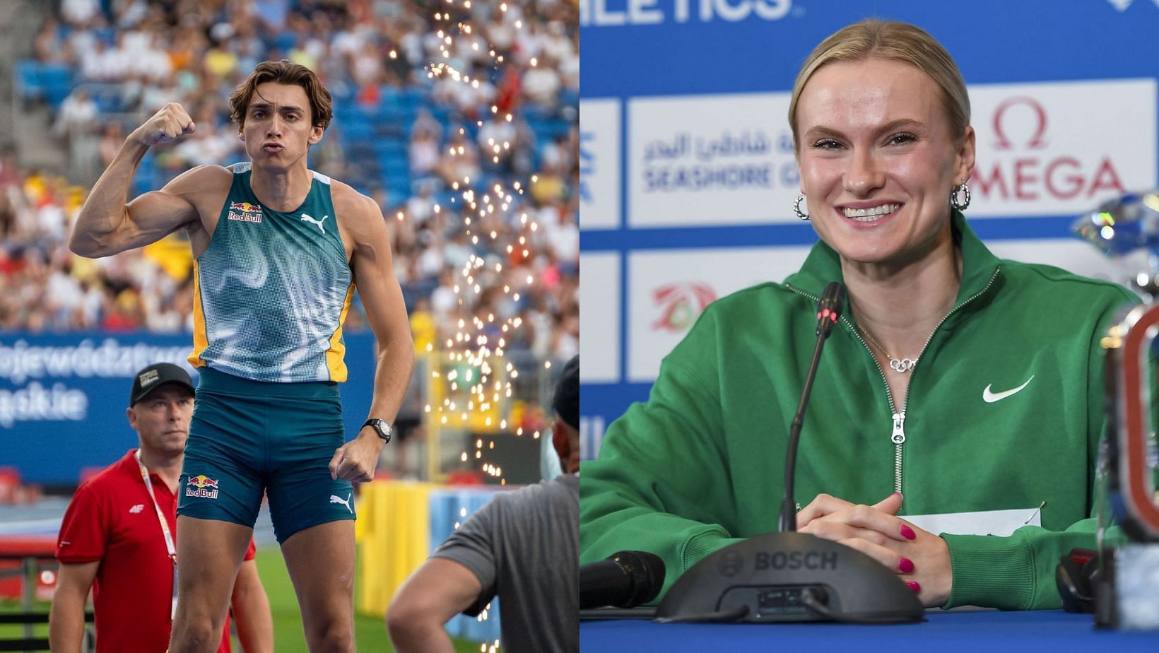 Pole vaulters Katie Moon, Nina Kennedy, and Angelica Moser root for Mondo Duplantis in battle vs Karsten Warholm (Image Source: Getty)