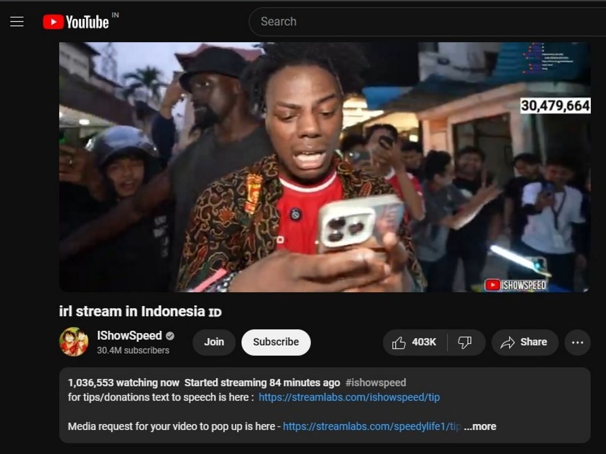 IShowSpeed clocks over 1 million live viewers in his latest IRL stream (Image via YouTube/IShowSpeed)