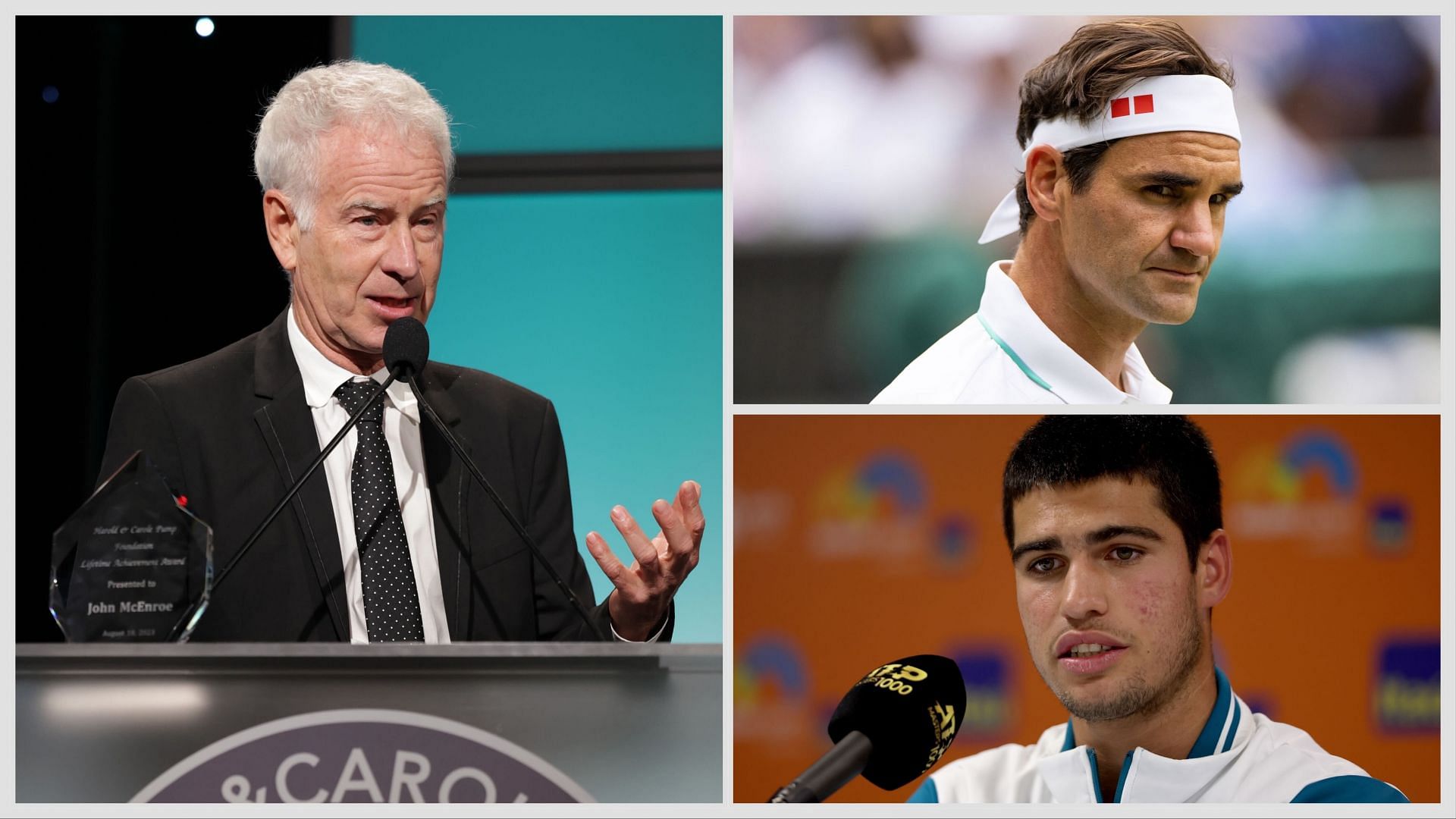 John McEnroe (L), Roger Federer (upper-right) &amp; Carlos Alcaraz (down-right) [Image Source: Getty Images]