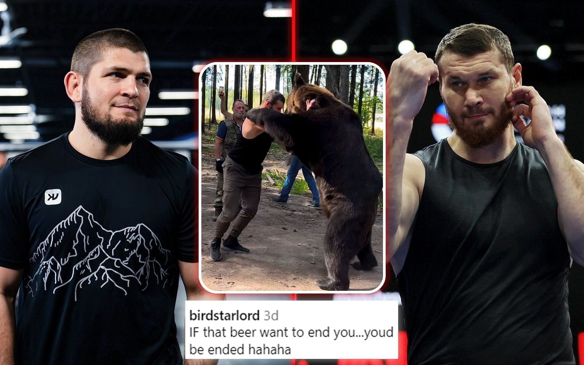 Fans react to Arslanbek Makhmudov wrestling a bear like Khabib Nurmagomedov. [Image courtesy: @arslanbek_mahmudov &amp; @khabib_nurmagomedov via Instagram]