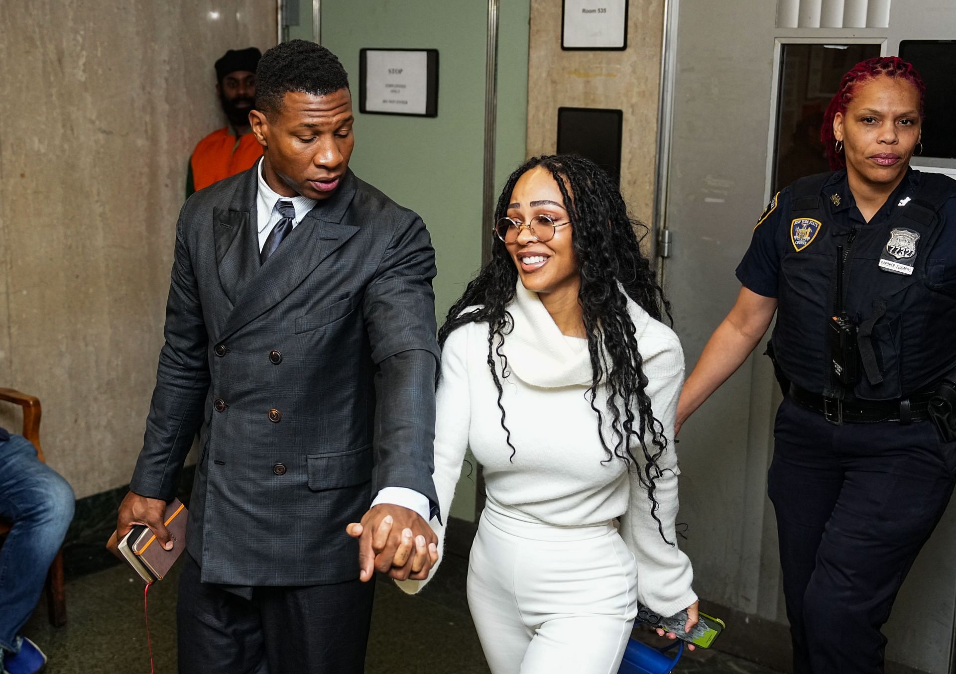 Jonathan Majors and Meagan Good in the courthouse in December 2023, (Photo by John Nacion/Getty Images)