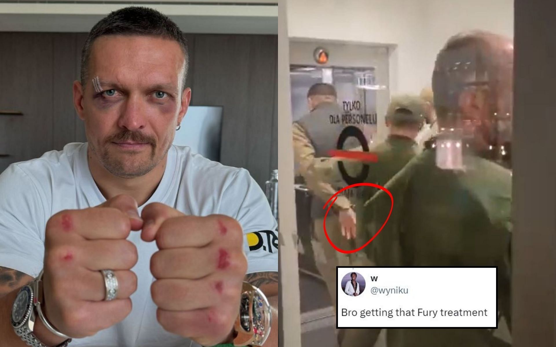 Fans react (insert) to Oleksandr Usyk (left) getting detainied in Krakow, Poland (right). [Image credit: @usykaa on Instagram, @michaelbensonn on X]